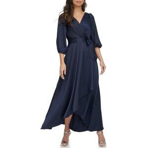 New DKNY Size 4 Navy Blue Balloon-3/4 Sleeve Faux-Wrap Gown Midi Dress Belted